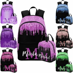 D-Story Custom Backpack for Girls, 3 in 1 Backpack Set with Lunch bag Pencil Case Customized Glitter Sparkling Backpack For Girls back to school