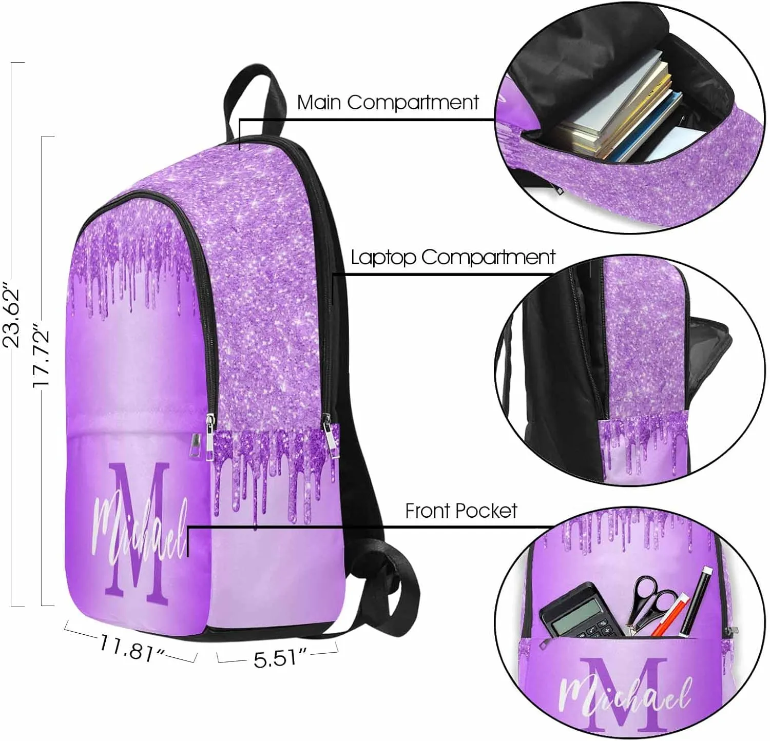 D-Story Custom Backpack for Girls, 3 in 1 Backpack Set with Lunch bag Pencil Case Customized Glitter Sparkling Backpack For Girls back to school