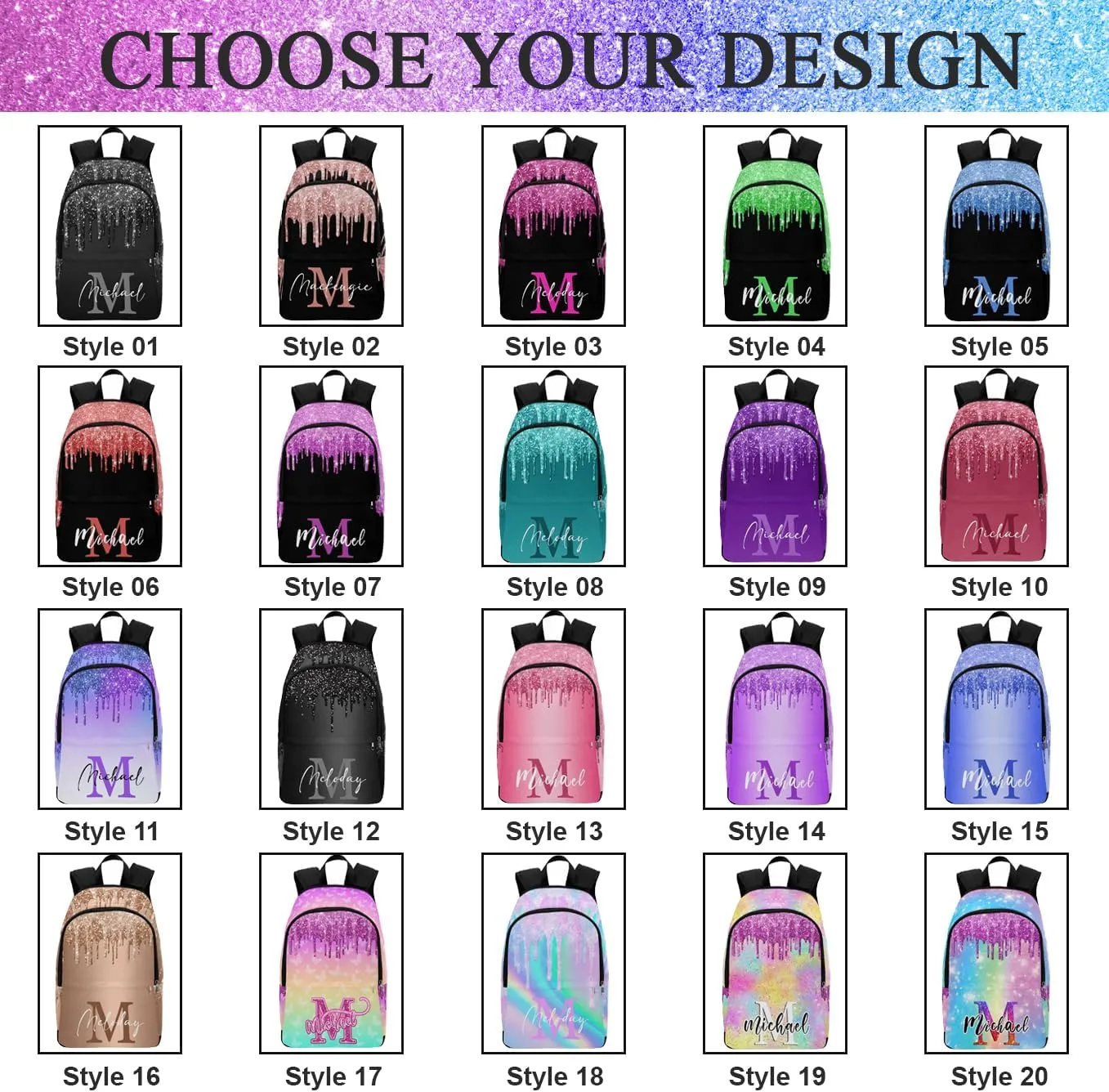 D-Story Custom Backpack for Girls, 3 in 1 Backpack Set with Lunch bag Pencil Case Customized Glitter Sparkling Backpack For Girls back to school