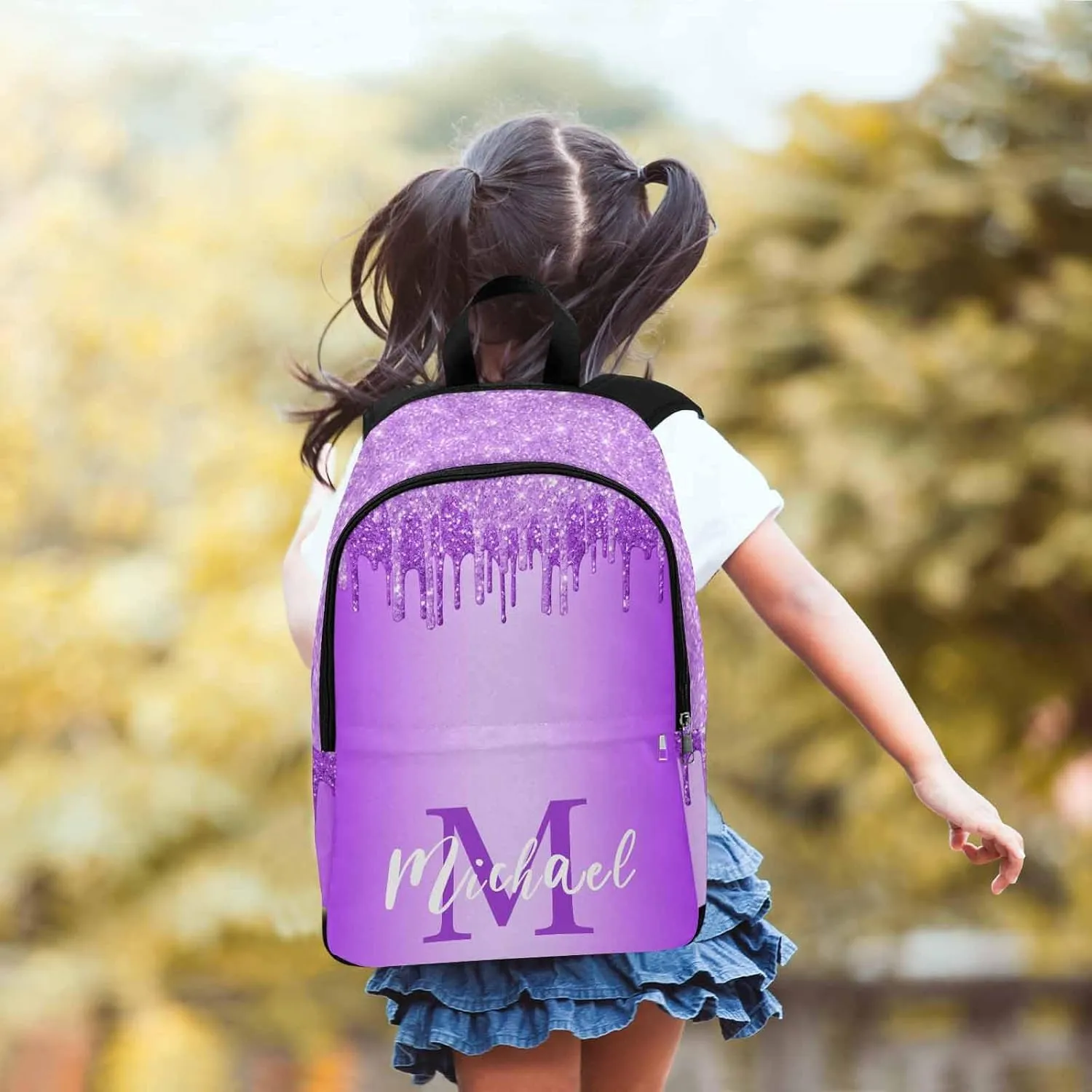 D-Story Custom Backpack for Girls, 3 in 1 Backpack Set with Lunch bag Pencil Case Customized Glitter Sparkling Backpack For Girls back to school