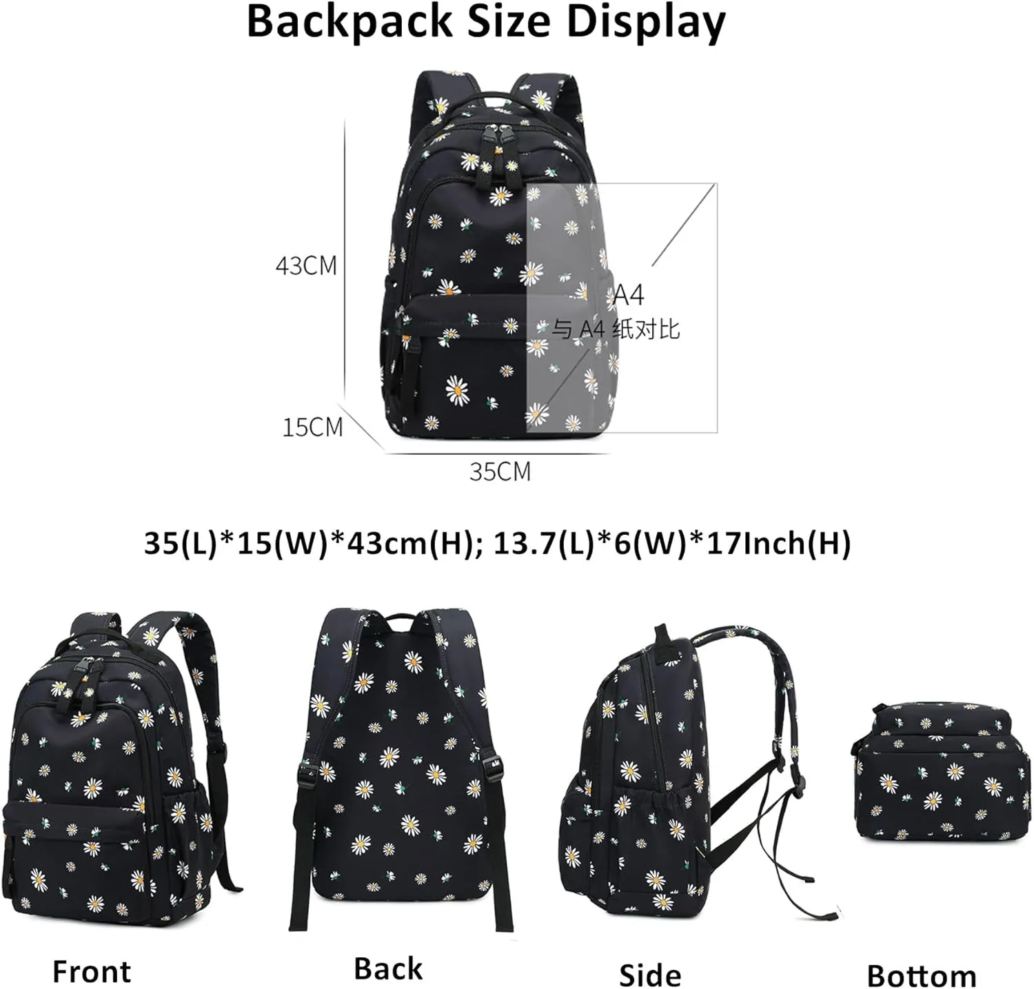 Daisy Prints Backpack for Girls Middle School Bookbag Elementary School Bags for Teens