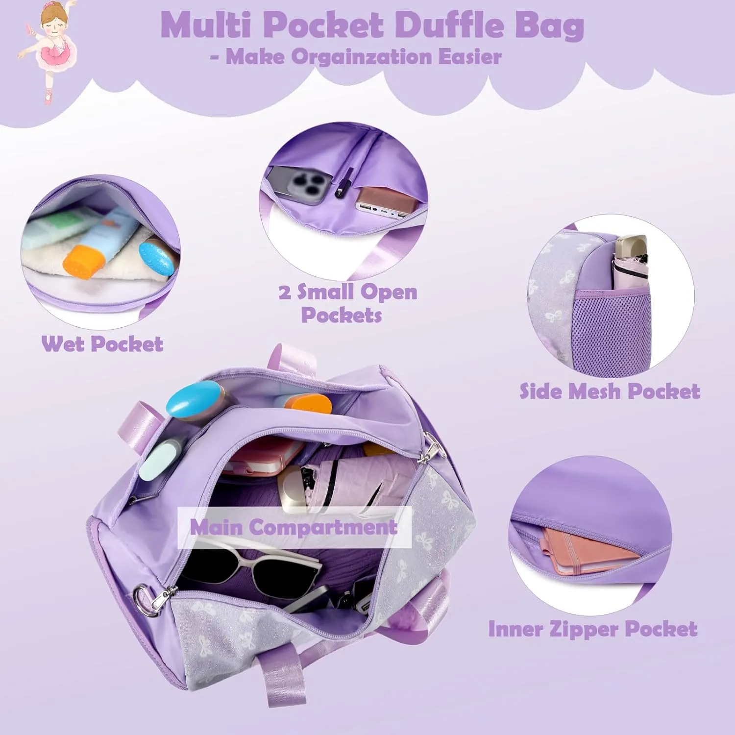 Dance Bag for Little Girls, Purple Soft Plush with Plush Pendant Ballet Gymnastics Sport Overnight Travel Sleepover Bags with Wet and Dry for Kids Girls