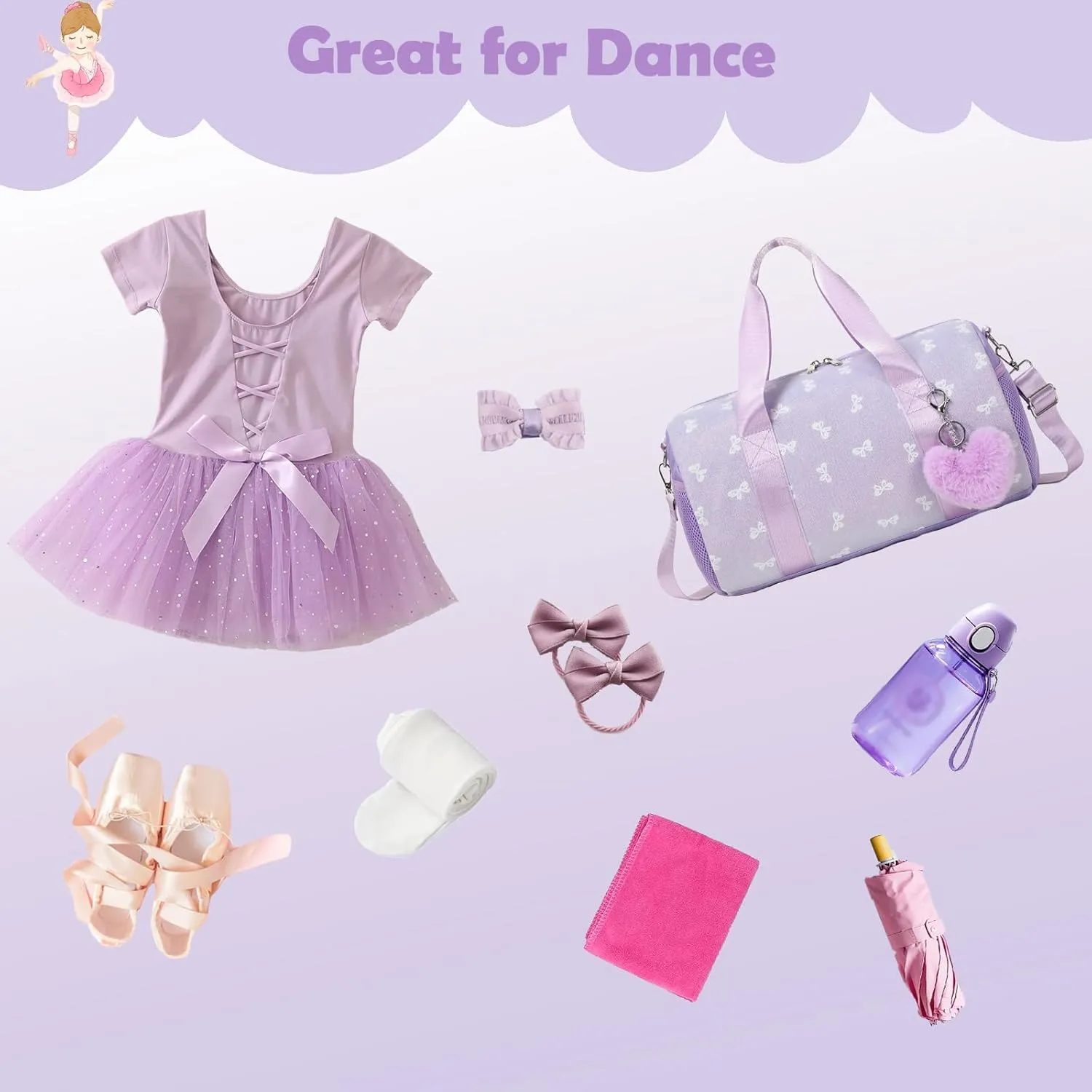 Dance Bag for Little Girls, Purple Soft Plush with Plush Pendant Ballet Gymnastics Sport Overnight Travel Sleepover Bags with Wet and Dry for Kids Girls