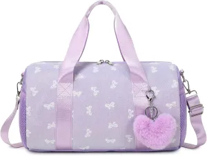 Dance Bag for Little Girls, Purple Soft Plush with Plush Pendant Ballet Gymnastics Sport Overnight Travel Sleepover Bags with Wet and Dry for Kids Girls