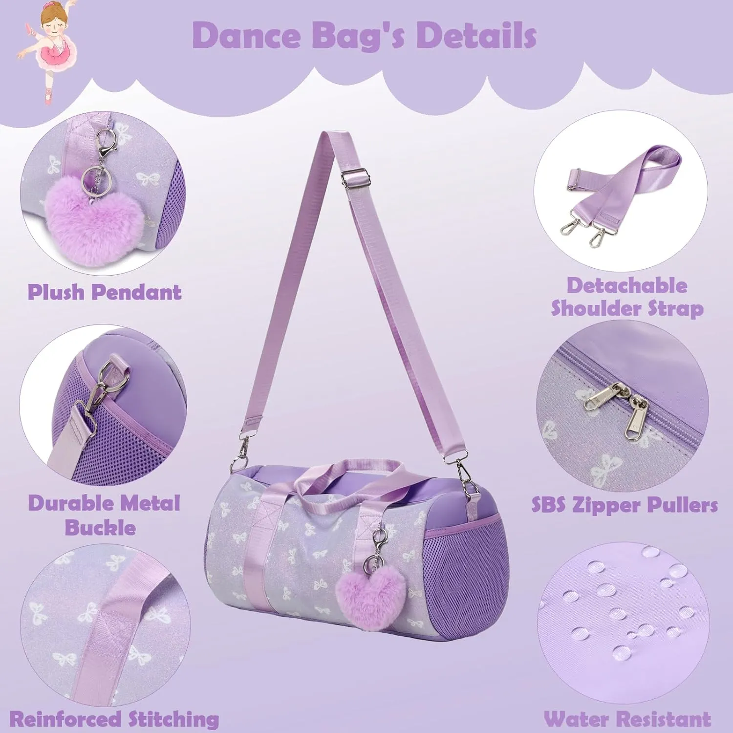 Dance Bag for Little Girls, Purple Soft Plush with Plush Pendant Ballet Gymnastics Sport Overnight Travel Sleepover Bags with Wet and Dry for Kids Girls