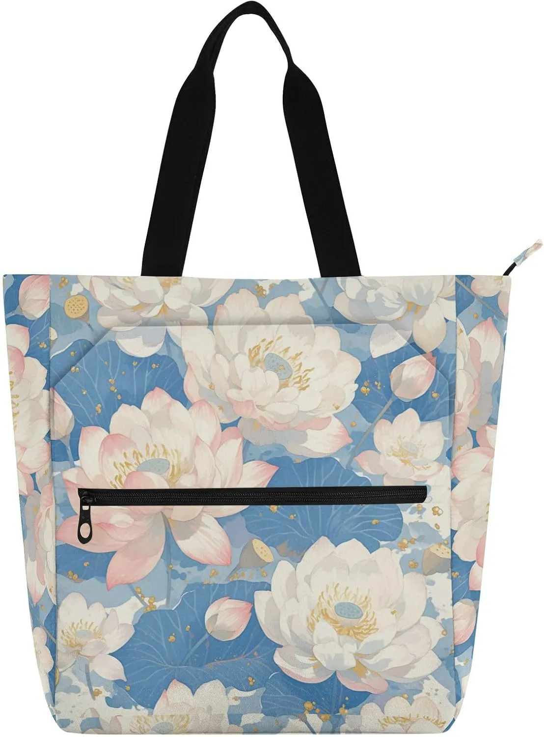 Decorative Book Bag Art Tote Bag for Kids Women Men, flower White Summer Boho Waterproof Handbags Grocery Beach Bag with Zipper Pockets for School Shopping Grocery Rainbow mochilas para