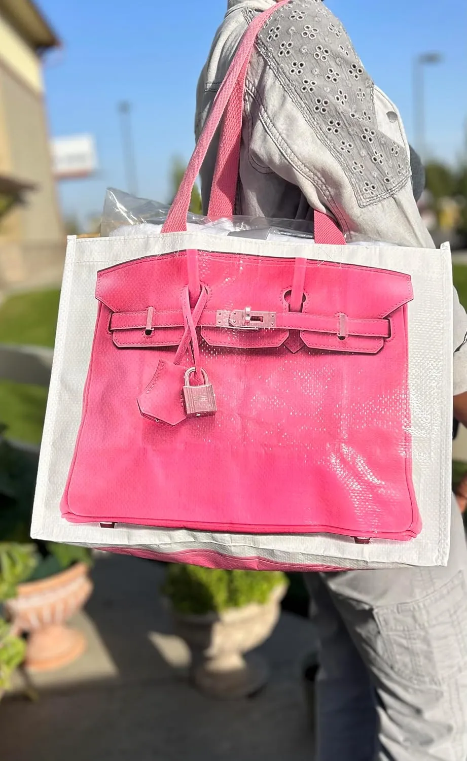 Designer Reusable Grocery Tote Bag, Large with Handles, Foldable Comfortable Shoulder Straps for Errands