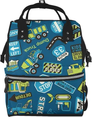 Diaper Bag Backpack For Women, Cartoon Heavy Equipment Machinery Road Construction Waterproof Multifunction Travel Pack Maternity Baby Changing Bags, Nappy Baby Bags With Multi-Function