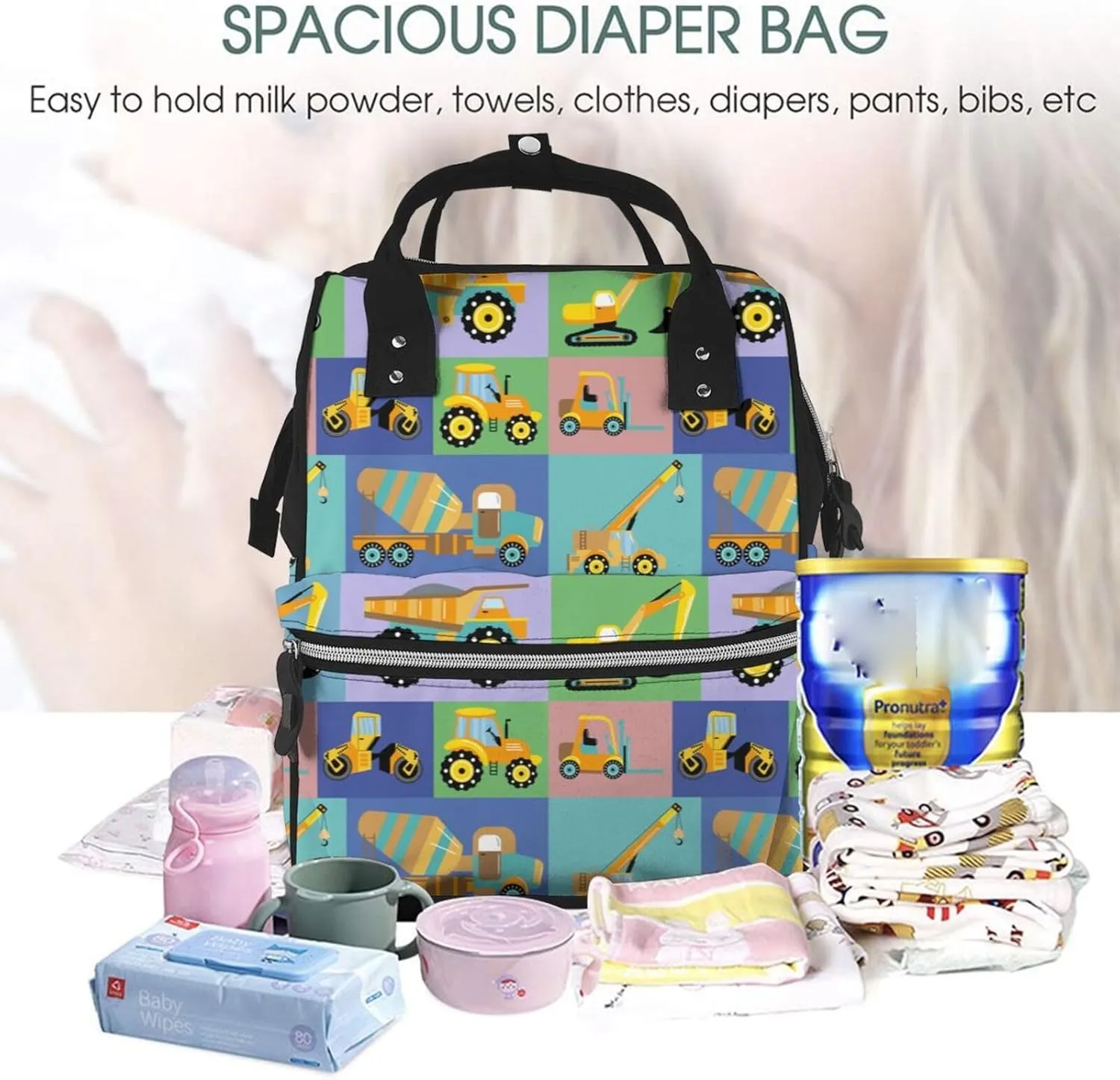 Diaper Bag Backpack For Women, Construction Machinery Waterproof Multifunction Travel Pack Maternity Baby Changing Bags, Nappy Baby Bags With Multi-Function For Baby