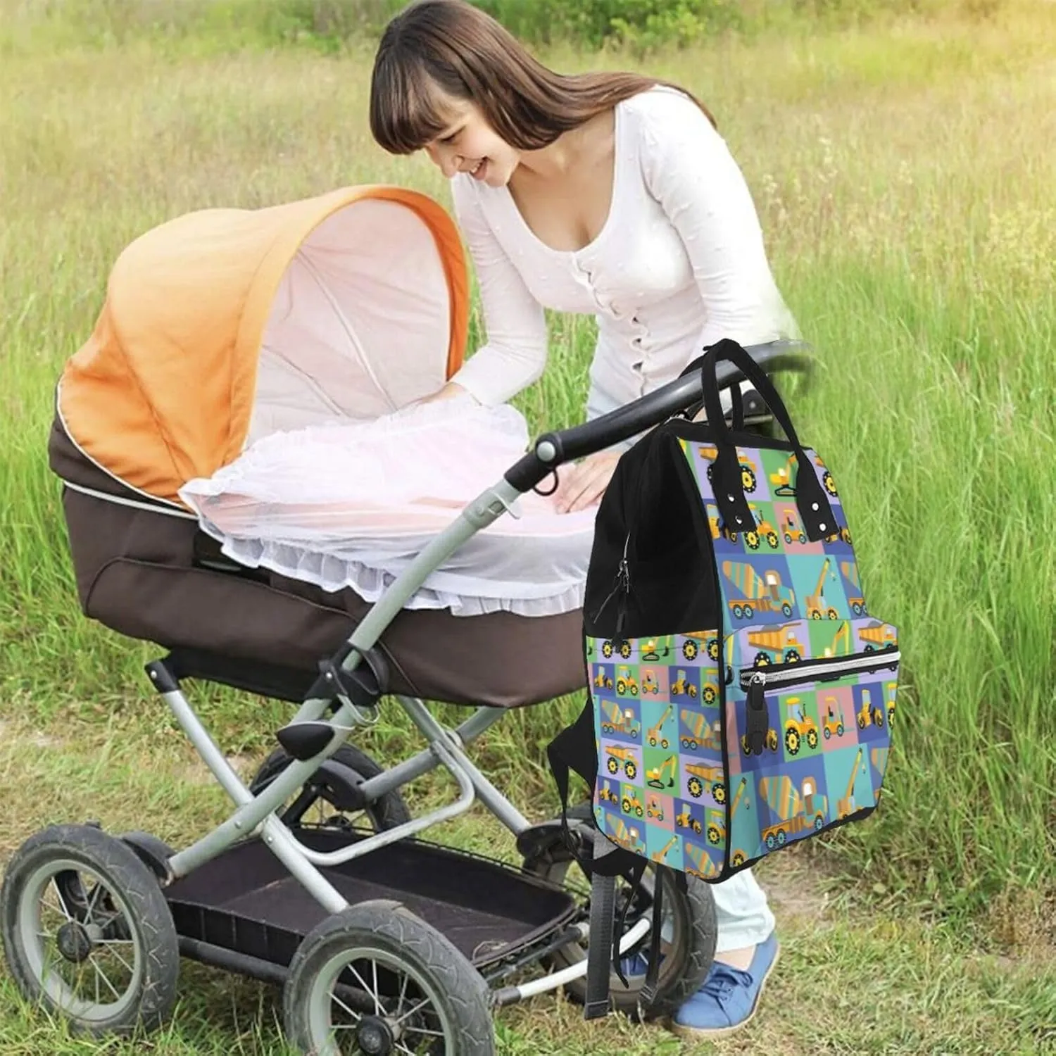 Diaper Bag Backpack For Women, Construction Machinery Waterproof Multifunction Travel Pack Maternity Baby Changing Bags, Nappy Baby Bags With Multi-Function For Baby