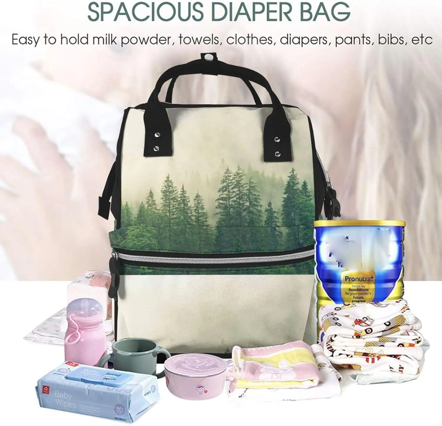 Diaper Bag Backpack For Women, Fog Forest Waterproof Multifunction Travel Pack Maternity Baby Changing Bags, Nappy Baby Bags With Multi-Function For Baby