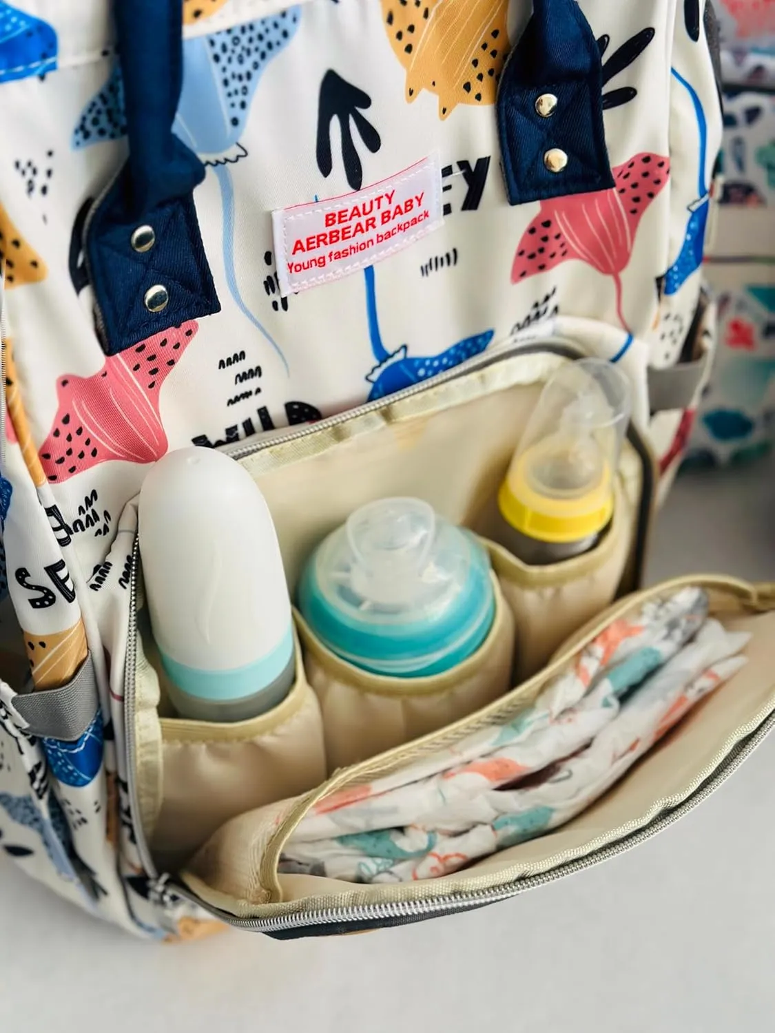 Diaper Bag Multifunctional,Connects Stroller HandsFree,BackPack USB, Baby Bag Waterproof,Comfortable Baby Diaper Bag Travel (WHITE AND BLUE)