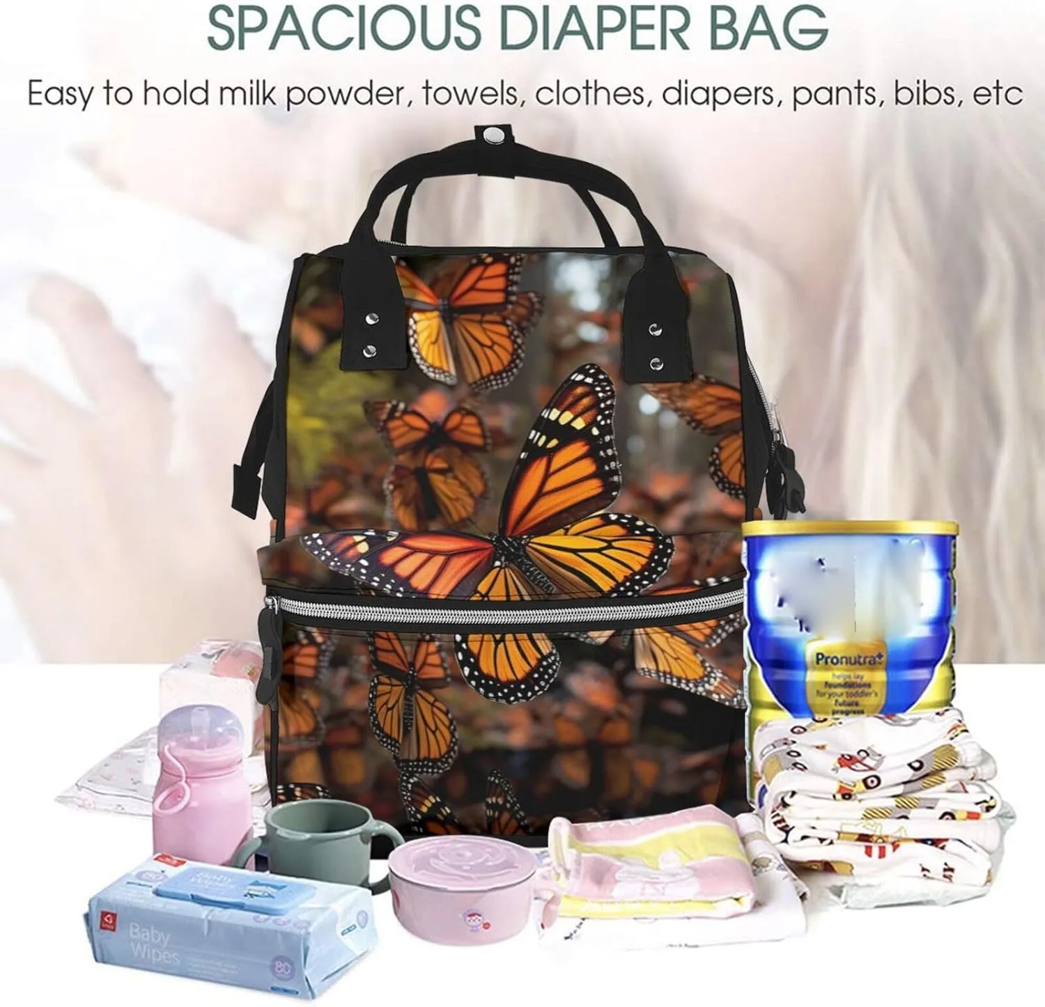 Diaper Bag Nappy Backpack Baby Bag Black and White Octopus and Ship Mummy Backpack Multifunction Changing Bags for Travel, Monarch Butterflies, One Size