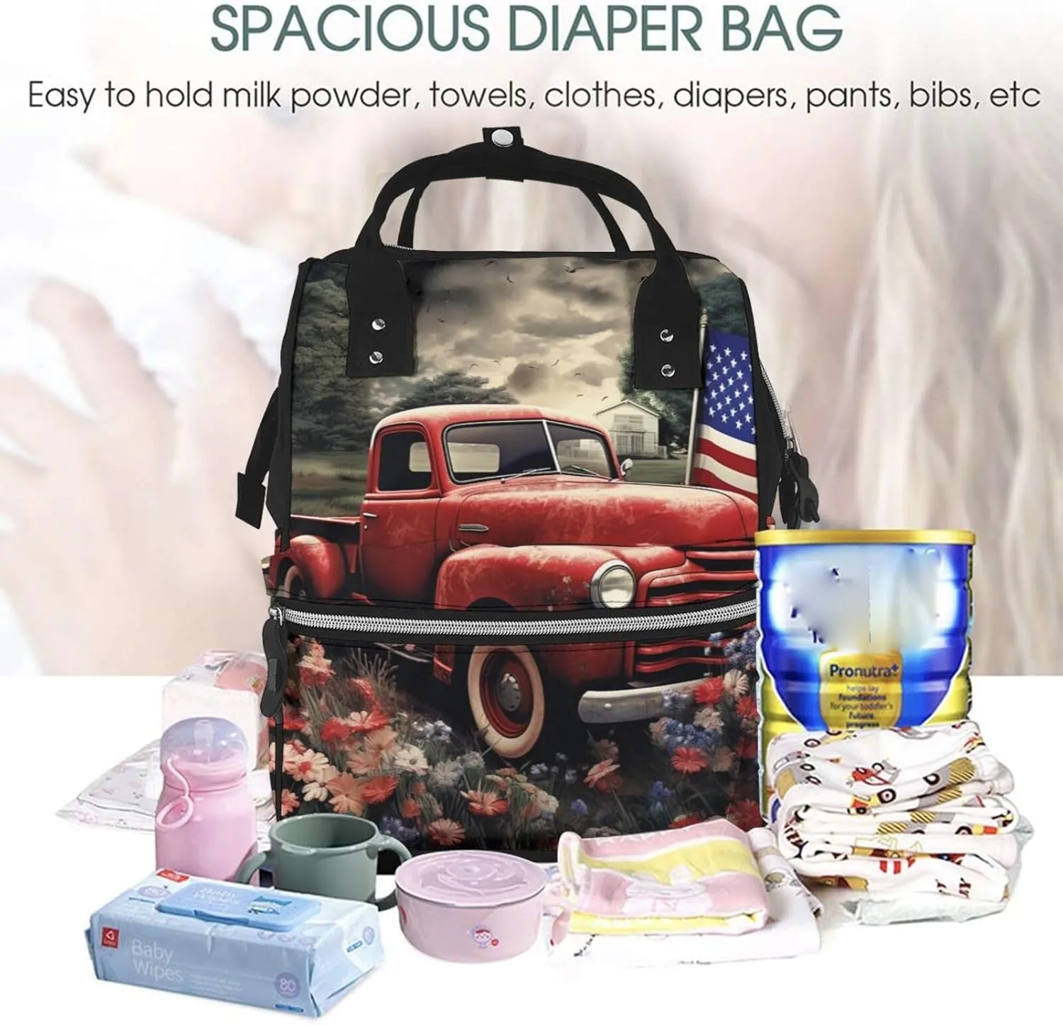 Diaper Bag Nappy Backpack Baby Bag Chickens and Farm Mummy Backpack Multifunction Changing Bags for Travel, 4th of July Patriotic Old Red Truck, One Size