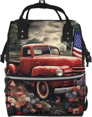 Diaper Bag Nappy Backpack Baby Bag Chickens and Farm Mummy Backpack Multifunction Changing Bags for Travel, 4th of July Patriotic Old Red Truck, One Size