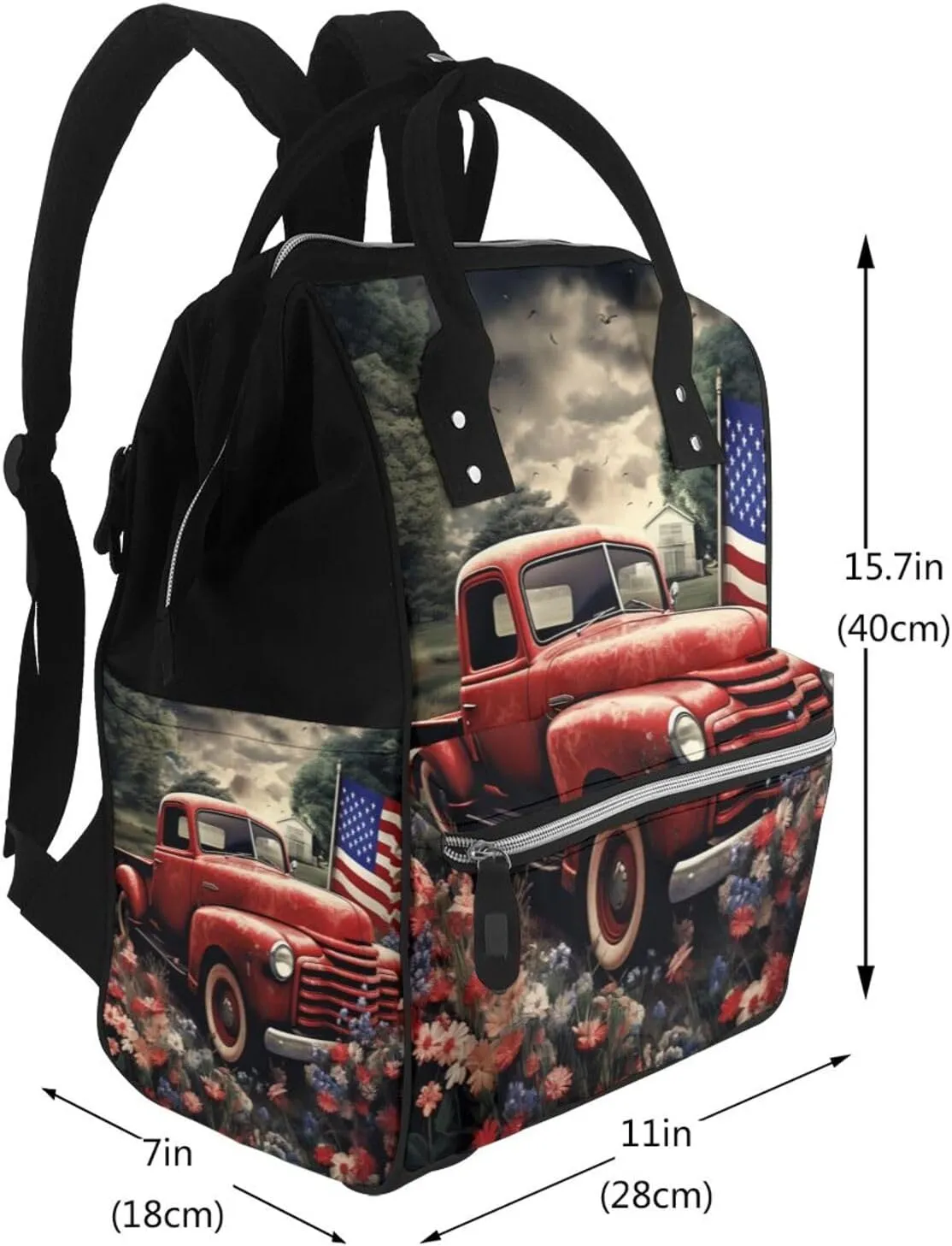 Diaper Bag Nappy Backpack Baby Bag Chickens and Farm Mummy Backpack Multifunction Changing Bags for Travel, 4th of July Patriotic Old Red Truck, One Size
