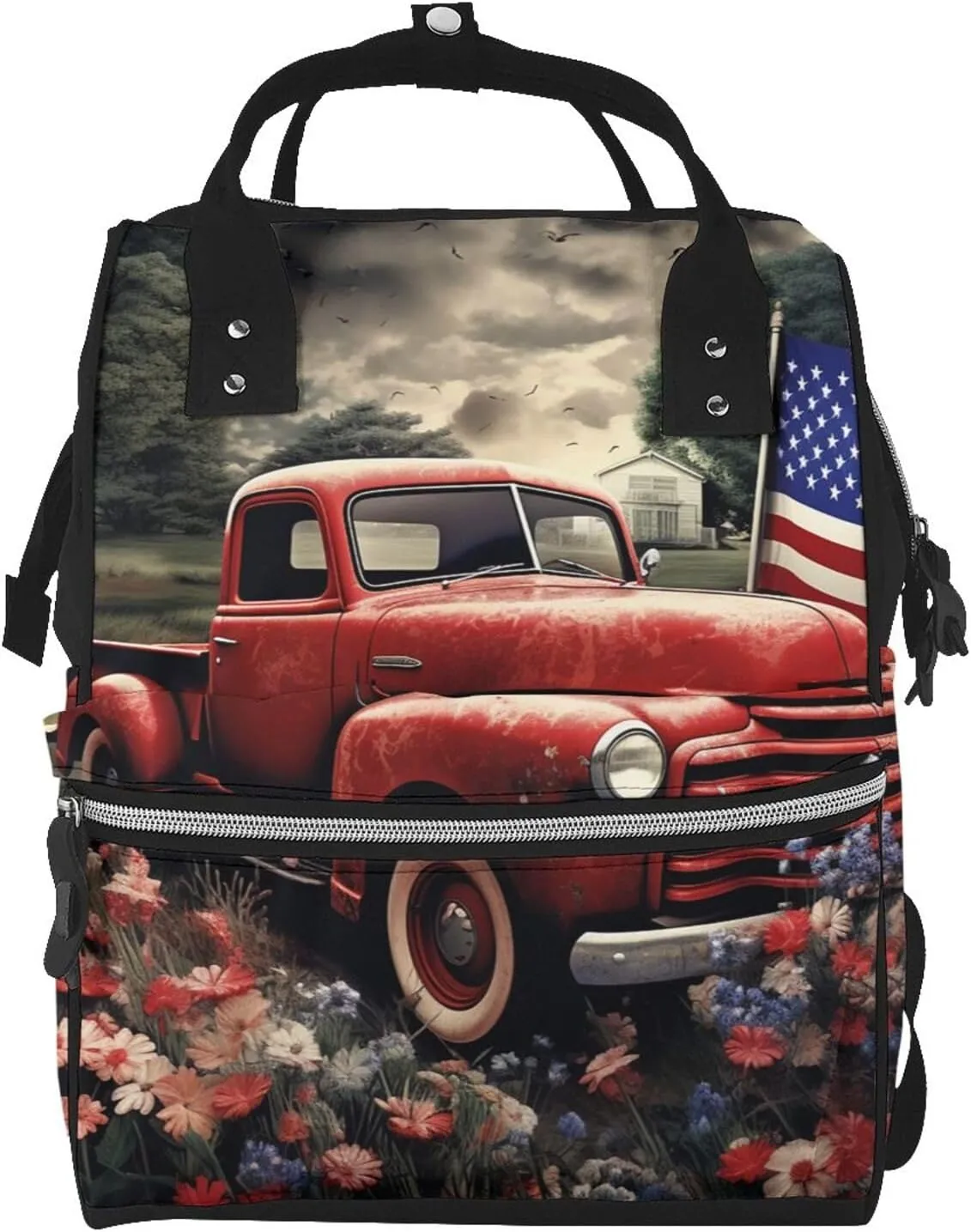 Diaper Bag Nappy Backpack Baby Bag Chickens and Farm Mummy Backpack Multifunction Changing Bags for Travel, 4th of July Patriotic Old Red Truck, One Size