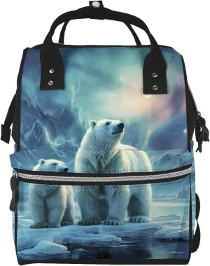 Diaper Bag Nappy Backpack Baby Bag Opossum In Snow Mummy Backpack Multifunction Changing Bags for Travel, Polar Bears Northern Lights, One Size