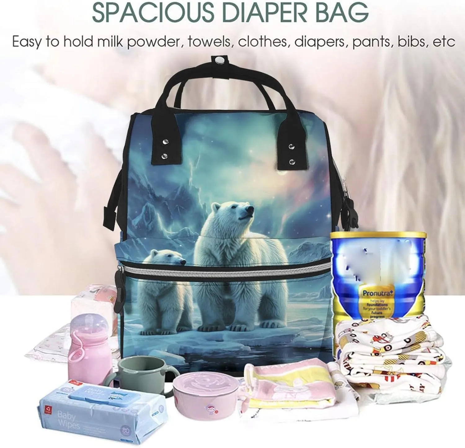 Diaper Bag Nappy Backpack Baby Bag Opossum In Snow Mummy Backpack Multifunction Changing Bags for Travel, Polar Bears Northern Lights, One Size