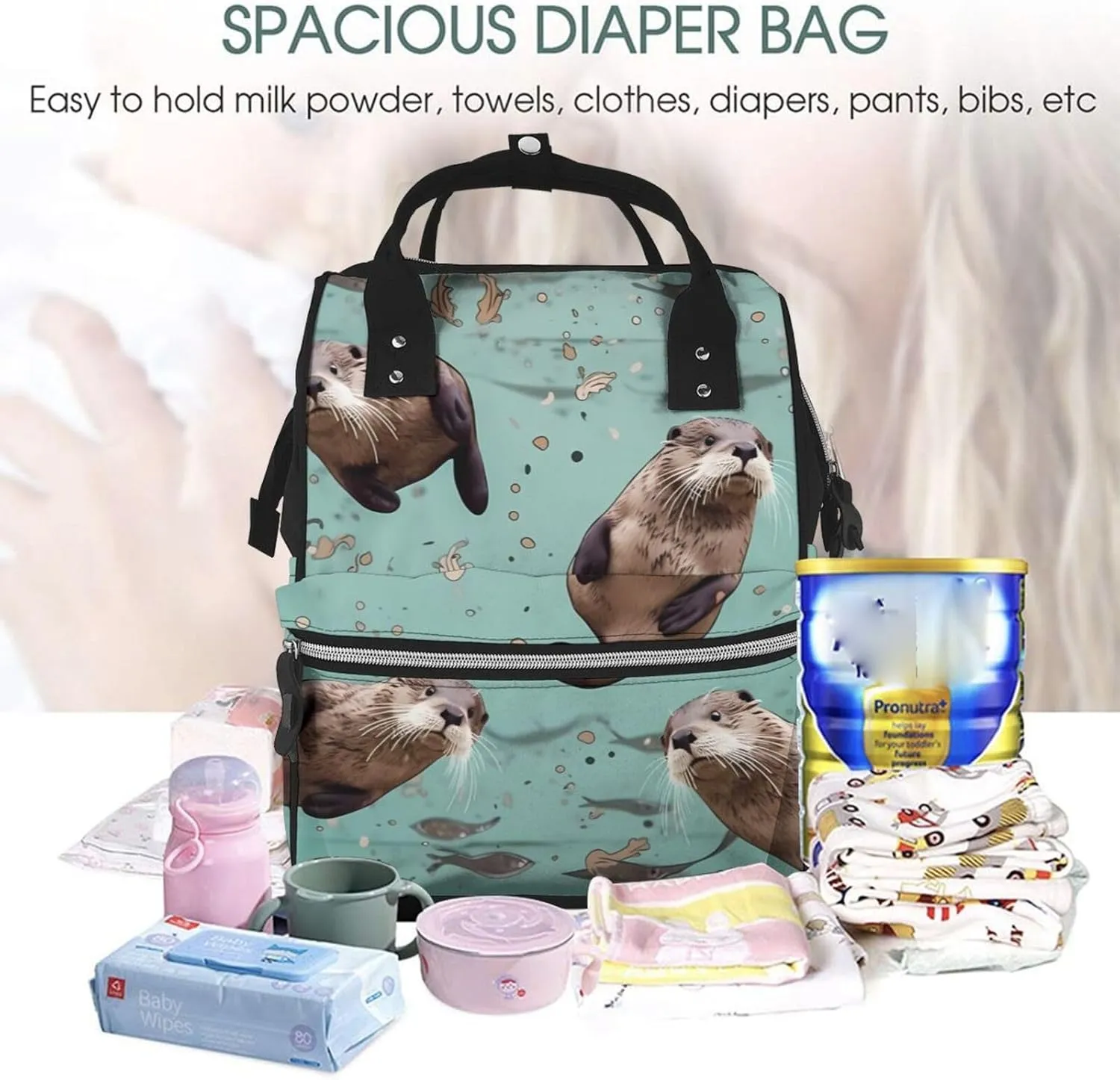 Diaper Bag Nappy Backpack Baby Bag Purple Black Goth Spooky Mummy Backpack Multifunction Changing Bags for Travel, Cute Otters, One Size