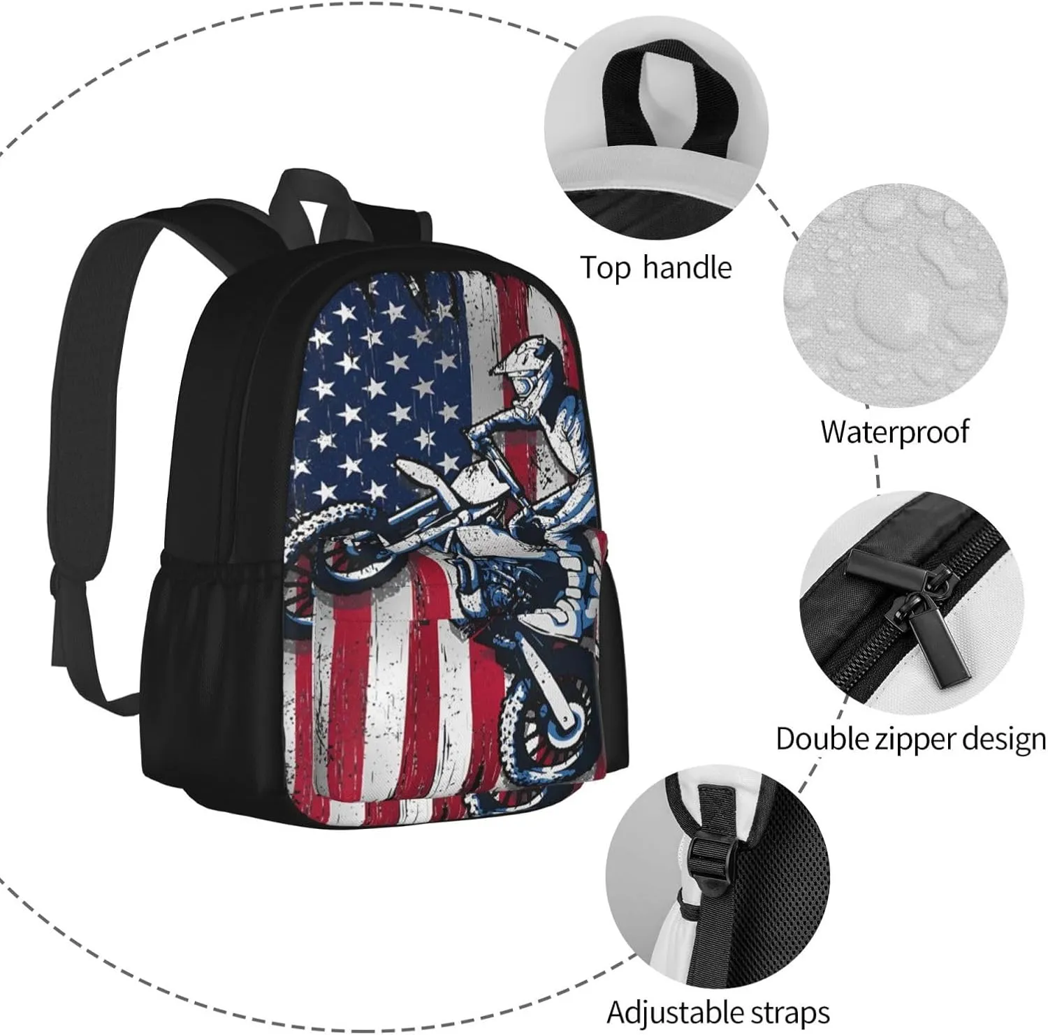 Dirt Bike American Flag Motocross Biker Gift 4th Of July Backpack Casual Laptop Backpack Large Capacity Double Shoulder Bag Travel Daypack For Women Men