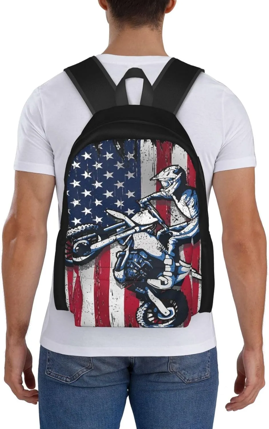 Dirt Bike American Flag Motocross Biker Gift 4th Of July Backpack Casual Laptop Backpack Large Capacity Double Shoulder Bag Travel Daypack For Women Men