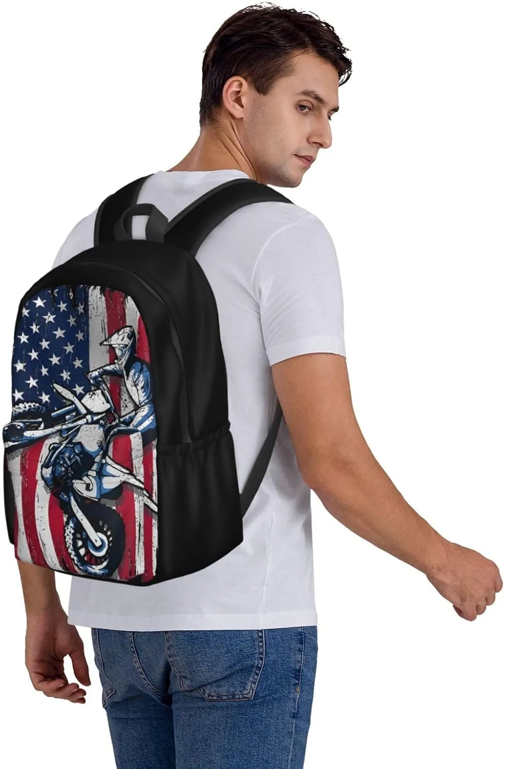Dirt Bike American Flag Motocross Biker Gift 4th Of July Backpack Casual Laptop Backpack Large Capacity Double Shoulder Bag Travel Daypack For Women Men