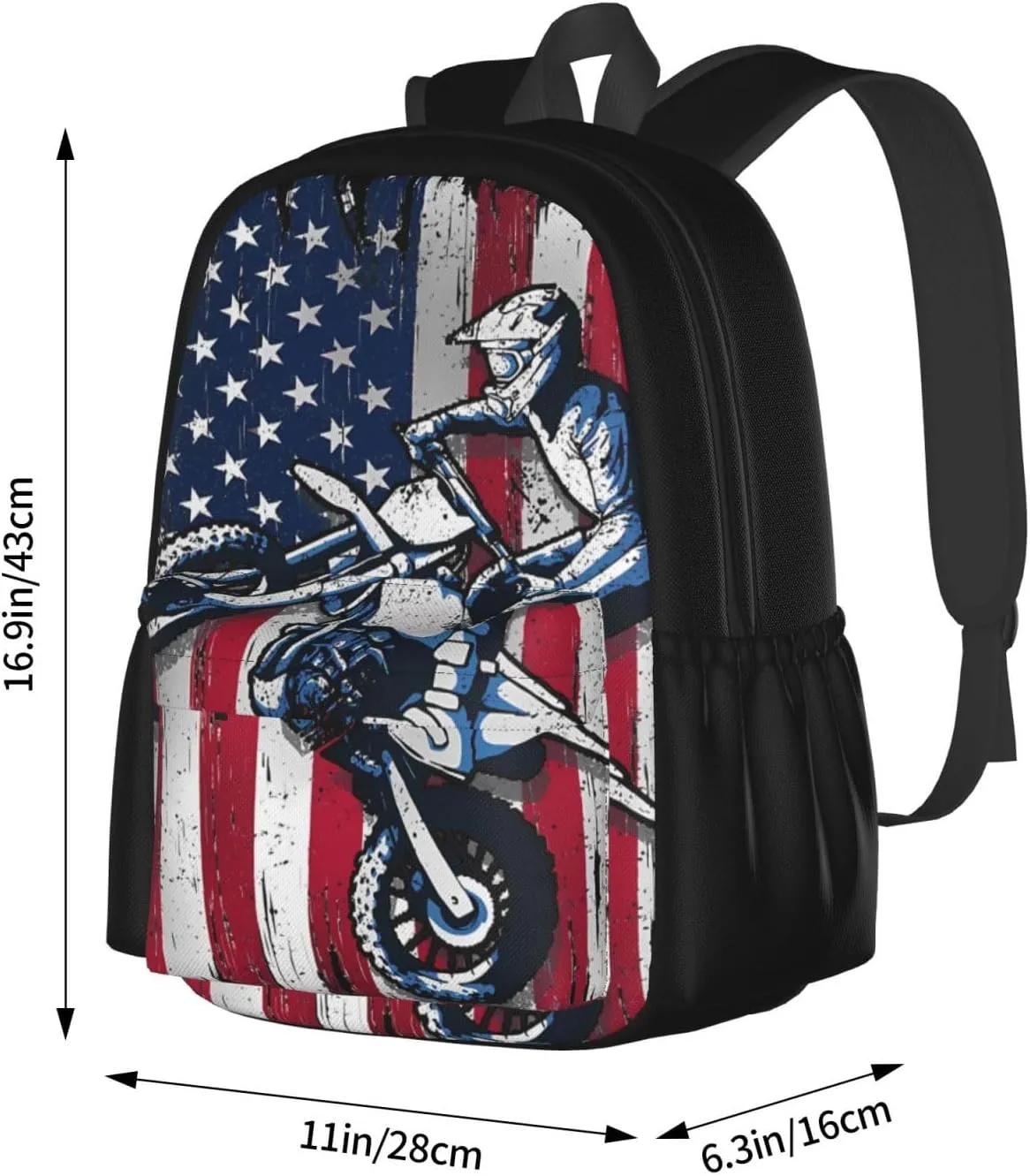 Dirt Bike American Flag Motocross Biker Gift 4th Of July Backpack Casual Laptop Backpack Large Capacity Double Shoulder Bag Travel Daypack For Women Men