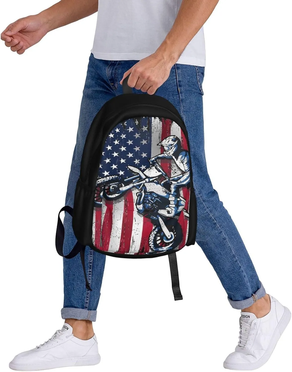 Dirt Bike American Flag Motocross Biker Gift 4th Of July Backpack Casual Laptop Backpack Large Capacity Double Shoulder Bag Travel Daypack For Women Men