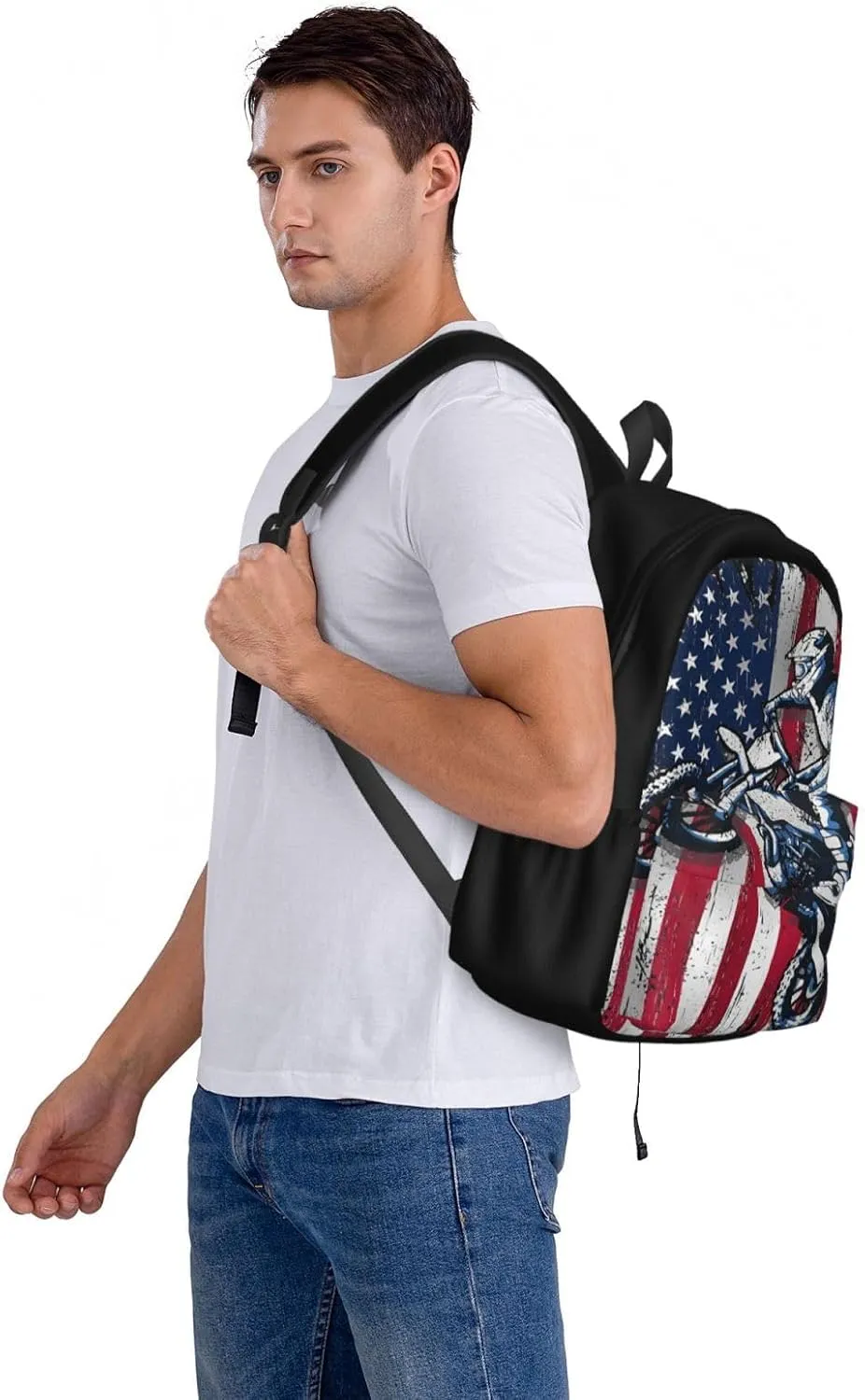 Dirt Bike American Flag Motocross Biker Gift 4th Of July Backpack Casual Laptop Backpack Large Capacity Double Shoulder Bag Travel Daypack For Women Men