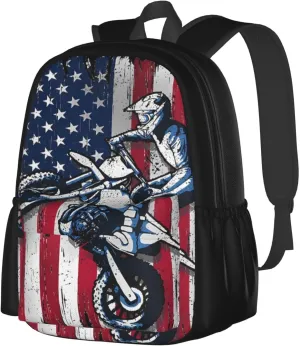 Dirt Bike American Flag Motocross Biker Gift 4th Of July Backpack Casual Laptop Backpack Large Capacity Double Shoulder Bag Travel Daypack For Women Men