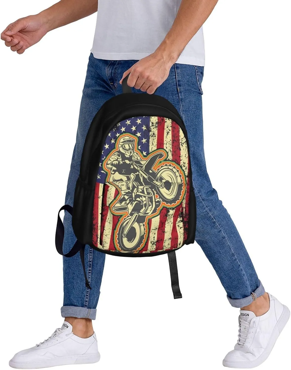 Dirt Bike Motocross American Flag Biker 4th Of July Backpack Casual Laptop Backpack Large Capacity Double Shoulder Bag Travel Daypack For Women Men