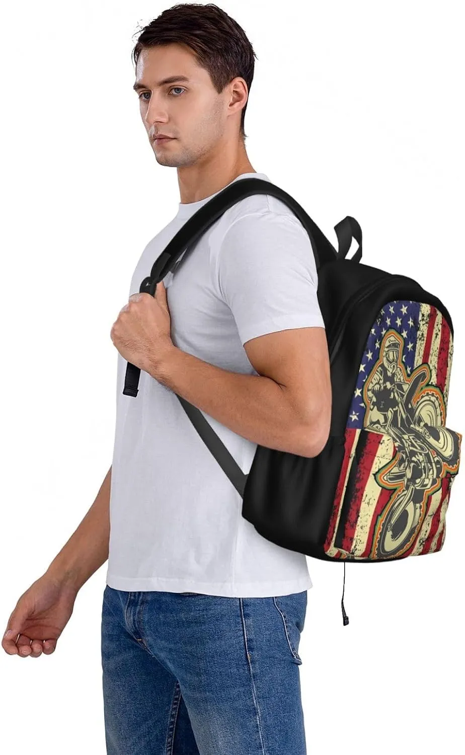 Dirt Bike Motocross American Flag Biker 4th Of July Backpack Casual Laptop Backpack Large Capacity Double Shoulder Bag Travel Daypack For Women Men