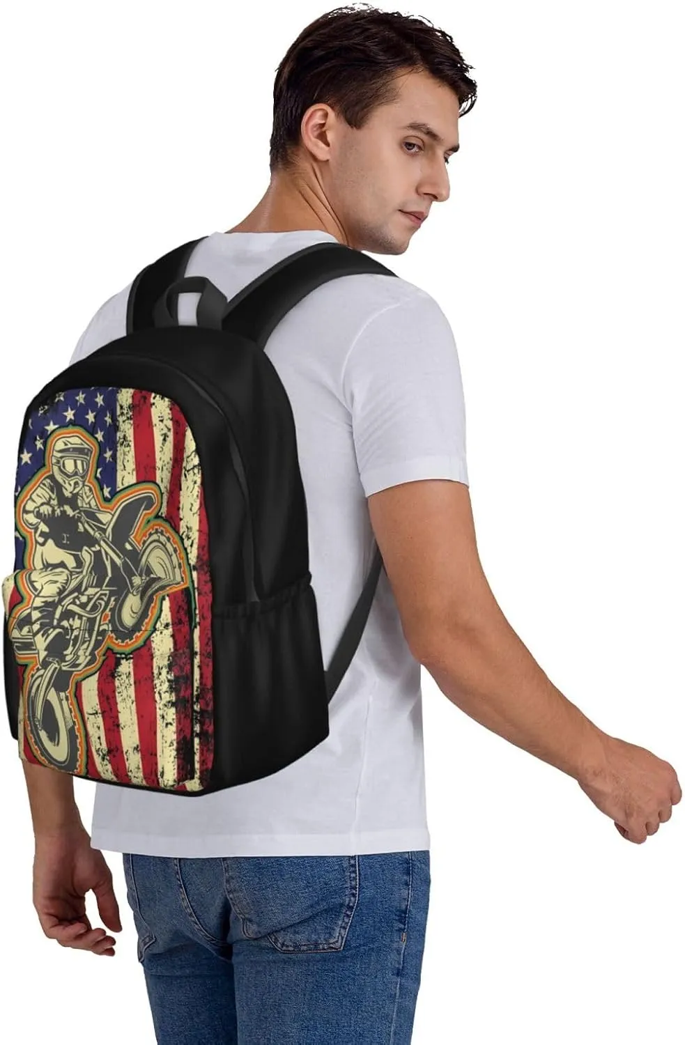 Dirt Bike Motocross American Flag Biker 4th Of July Backpack Casual Laptop Backpack Large Capacity Double Shoulder Bag Travel Daypack For Women Men