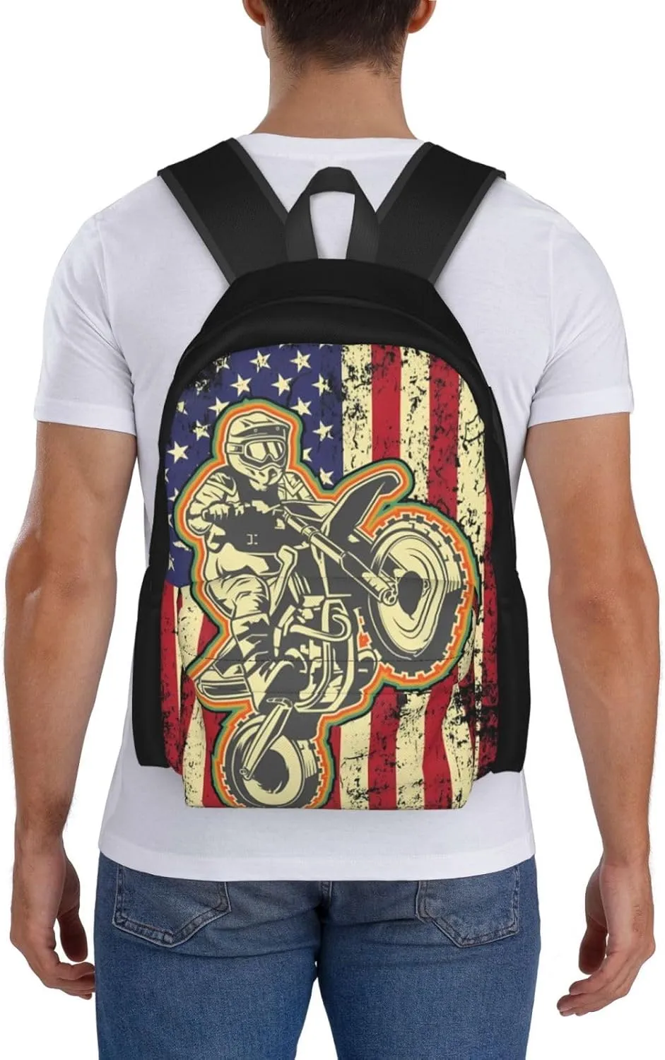 Dirt Bike Motocross American Flag Biker 4th Of July Backpack Casual Laptop Backpack Large Capacity Double Shoulder Bag Travel Daypack For Women Men