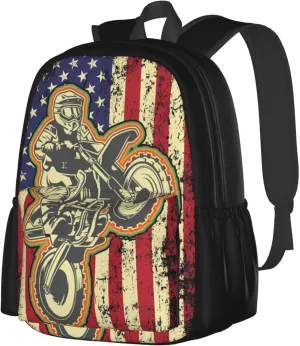 Dirt Bike Motocross American Flag Biker 4th Of July Backpack Casual Laptop Backpack Large Capacity Double Shoulder Bag Travel Daypack For Women Men