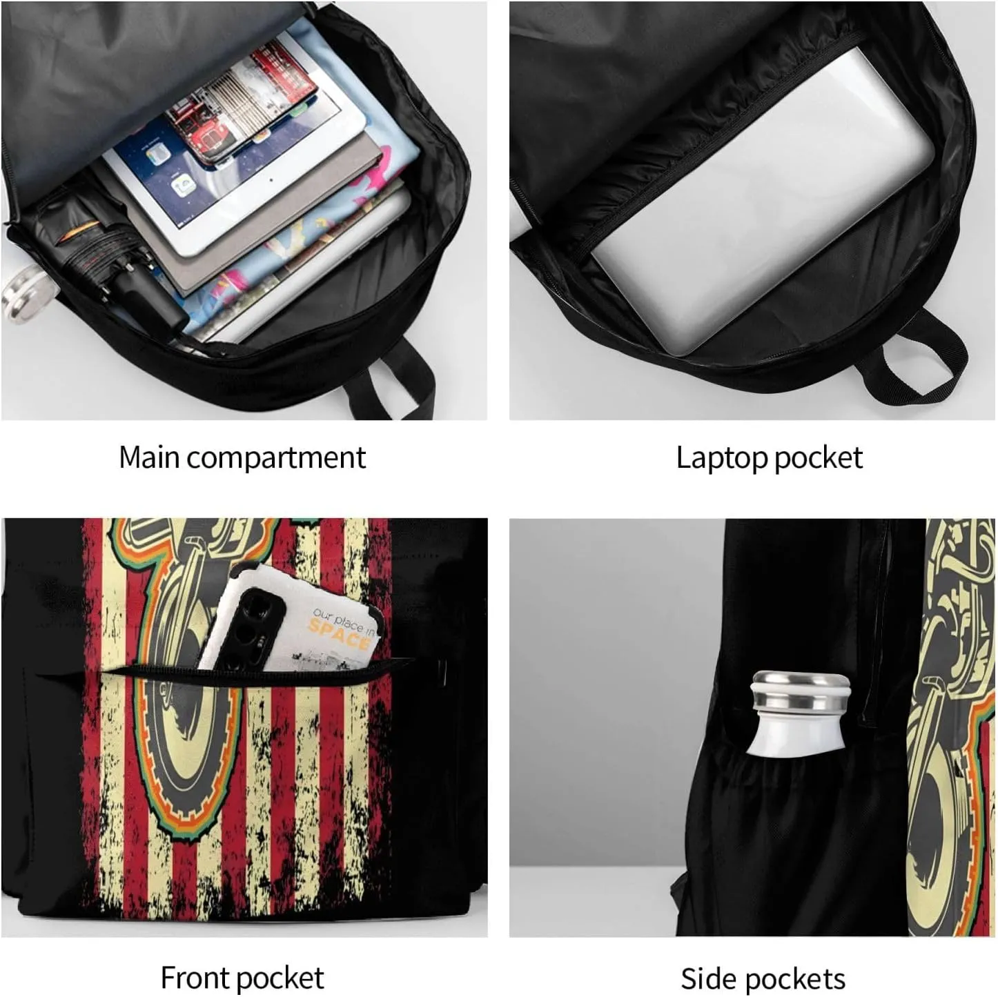 Dirt Bike Motocross American Flag Biker 4th Of July Backpack Casual Laptop Backpack Large Capacity Double Shoulder Bag Travel Daypack For Women Men