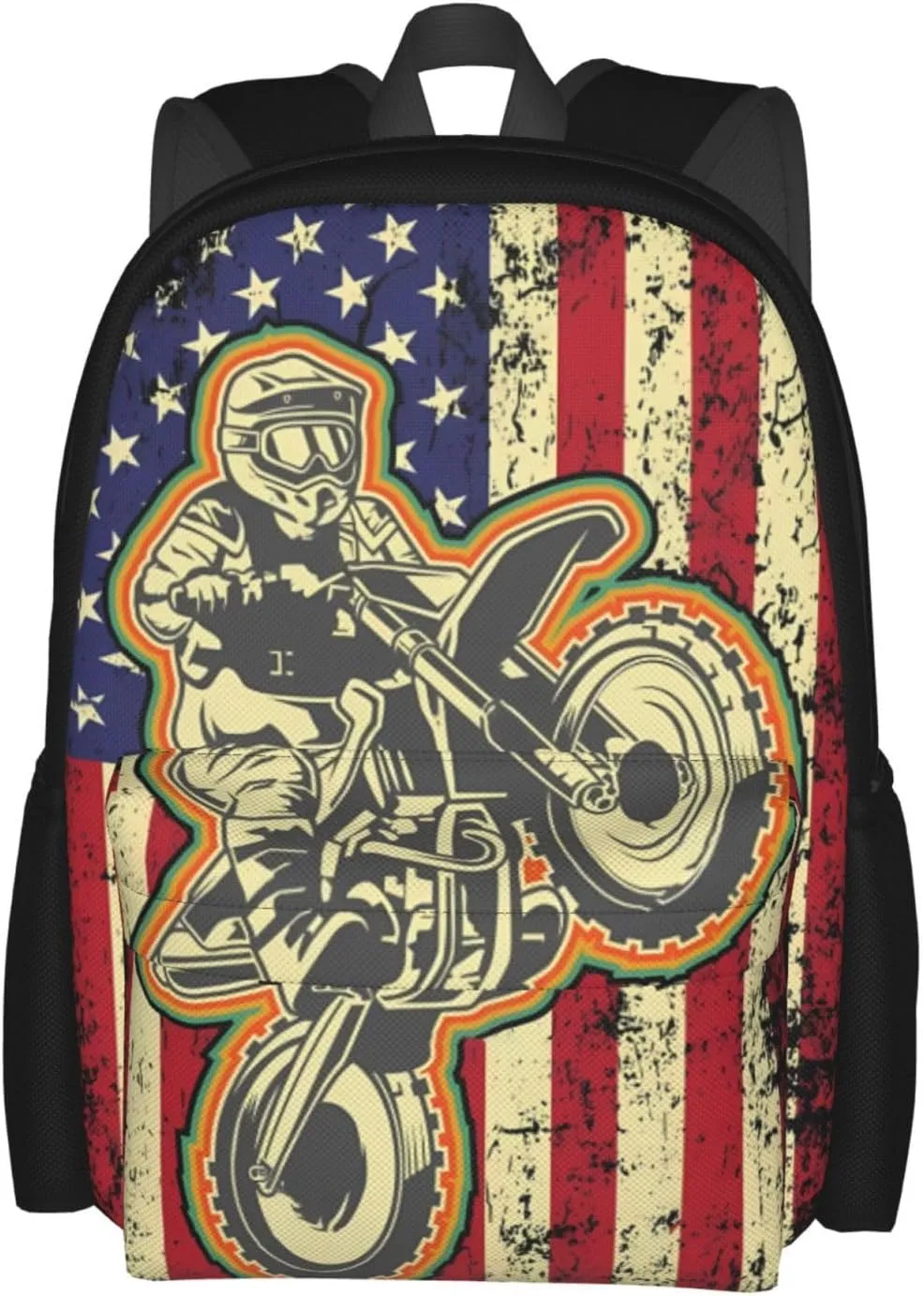 Dirt Bike Motocross American Flag Biker 4th Of July Backpack Casual Laptop Backpack Large Capacity Double Shoulder Bag Travel Daypack For Women Men