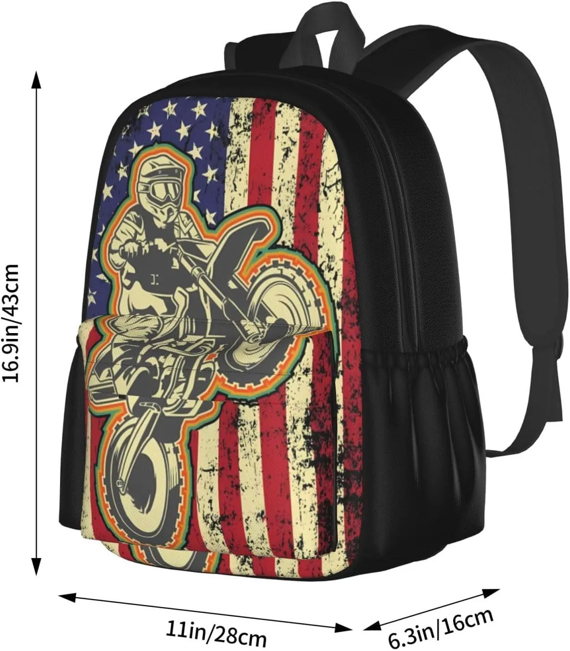 Dirt Bike Motocross American Flag Biker 4th Of July Backpack Casual Laptop Backpack Large Capacity Double Shoulder Bag Travel Daypack For Women Men