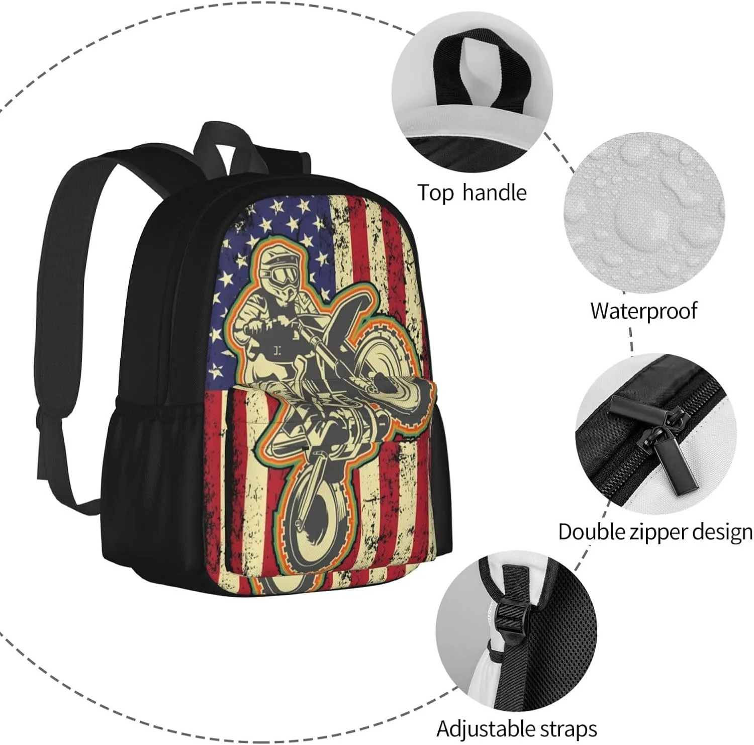 Dirt Bike Motocross American Flag Biker 4th Of July Backpack Casual Laptop Backpack Large Capacity Double Shoulder Bag Travel Daypack For Women Men