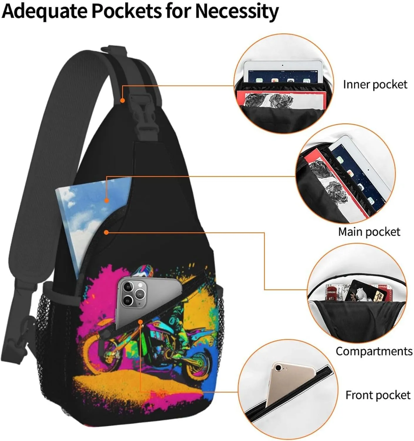 Dirt Bike With Red And Black Paint Splash Sling Bag Crossbody Bag Casual Chest Bags Travel Shoulder Backpack