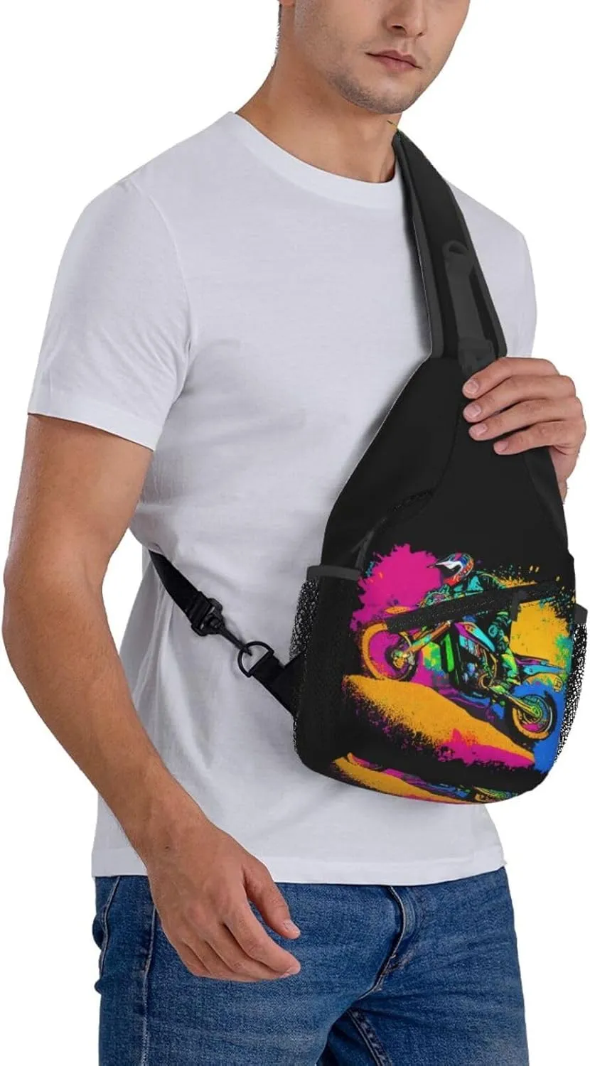 Dirt Bike With Red And Black Paint Splash Sling Bag Crossbody Bag Casual Chest Bags Travel Shoulder Backpack