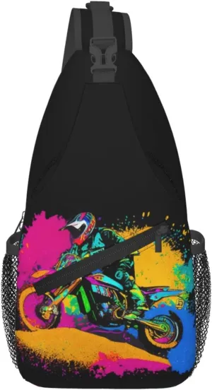 Dirt Bike With Red And Black Paint Splash Sling Bag Crossbody Bag Casual Chest Bags Travel Shoulder Backpack