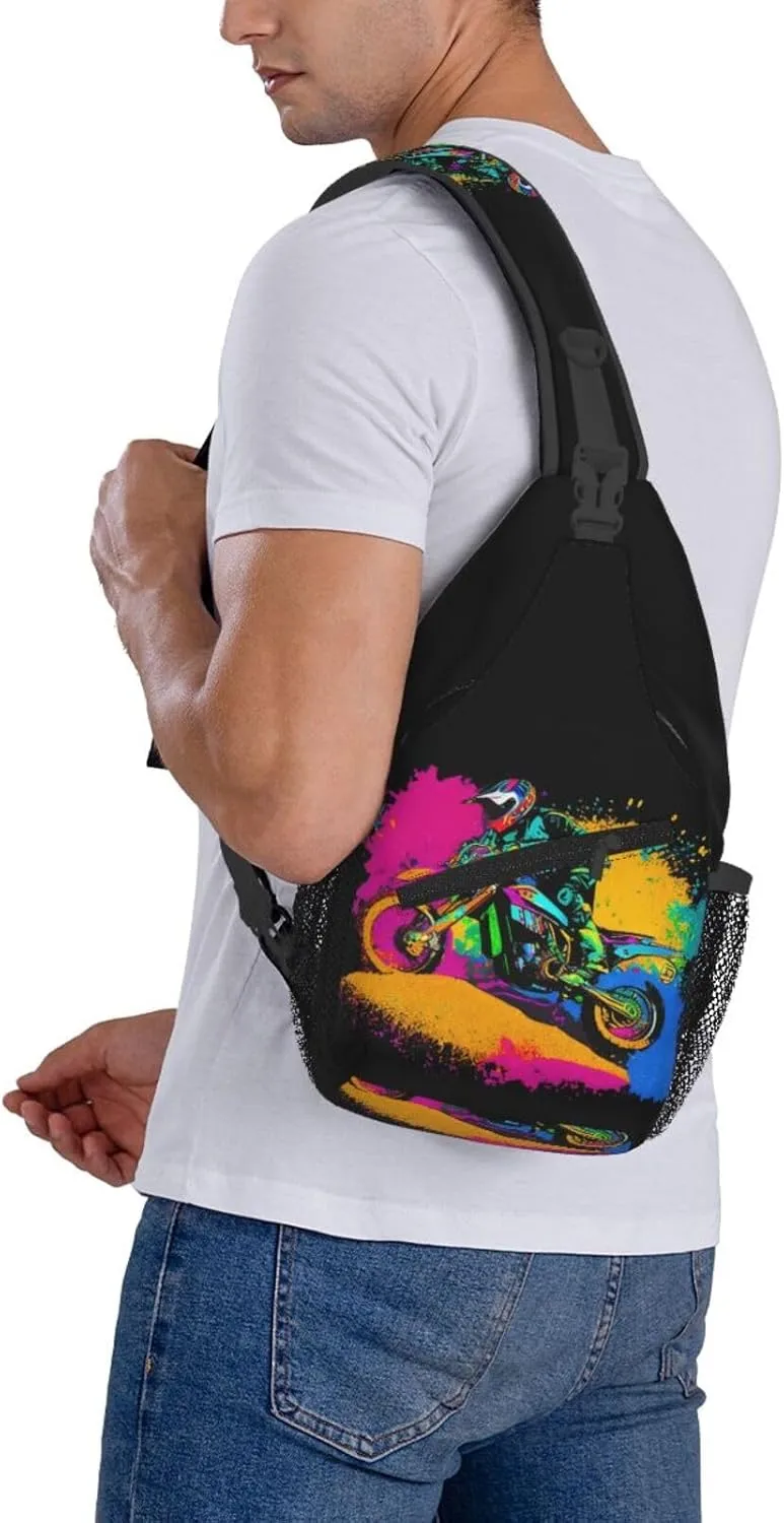 Dirt Bike With Red And Black Paint Splash Sling Bag Crossbody Bag Casual Chest Bags Travel Shoulder Backpack