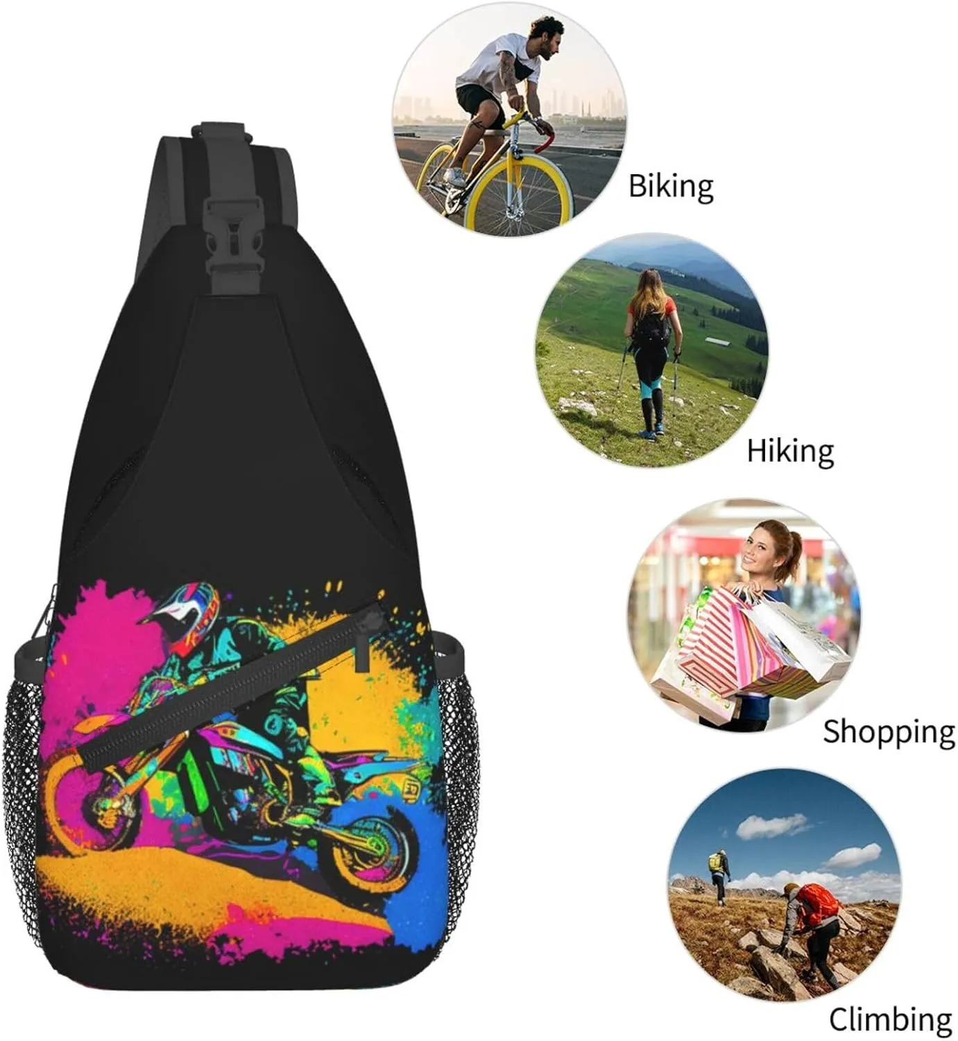 Dirt Bike With Red And Black Paint Splash Sling Bag Crossbody Bag Casual Chest Bags Travel Shoulder Backpack