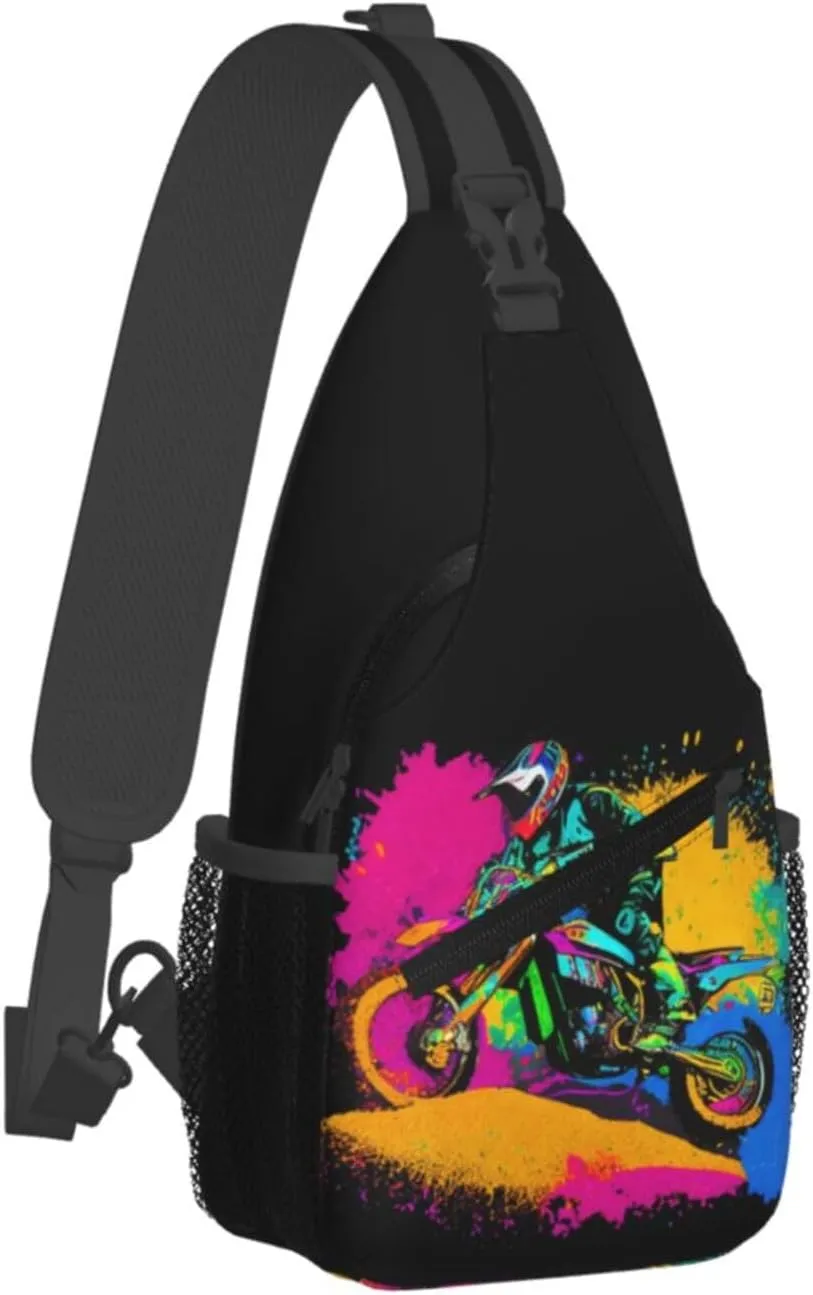 Dirt Bike With Red And Black Paint Splash Sling Bag Crossbody Bag Casual Chest Bags Travel Shoulder Backpack