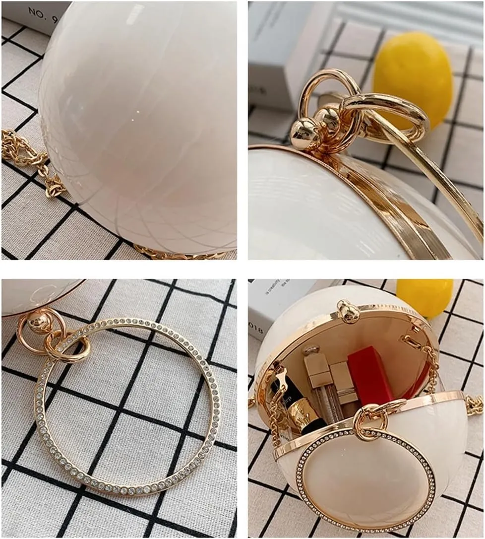 DJBM Women Trendy Acrylic Round Ball Bag Fashionable Versatile Single Shoulder Wrist Purse for Bridal Cocktail