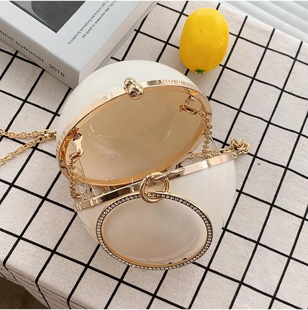 DJBM Women Trendy Acrylic Round Ball Bag Fashionable Versatile Single Shoulder Wrist Purse for Bridal Cocktail