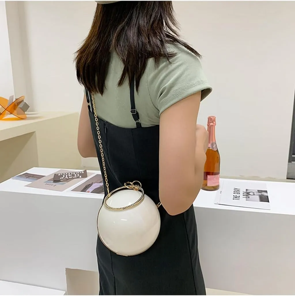DJBM Women Trendy Acrylic Round Ball Bag Fashionable Versatile Single Shoulder Wrist Purse for Bridal Cocktail