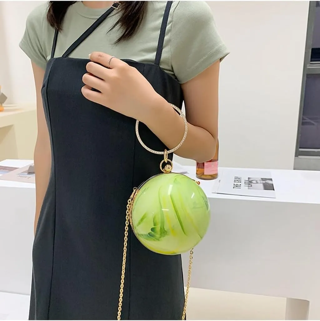 DJBM Women Trendy Acrylic Round Ball Bag Fashionable Versatile Single Shoulder Wrist Purse for Bridal Cocktail